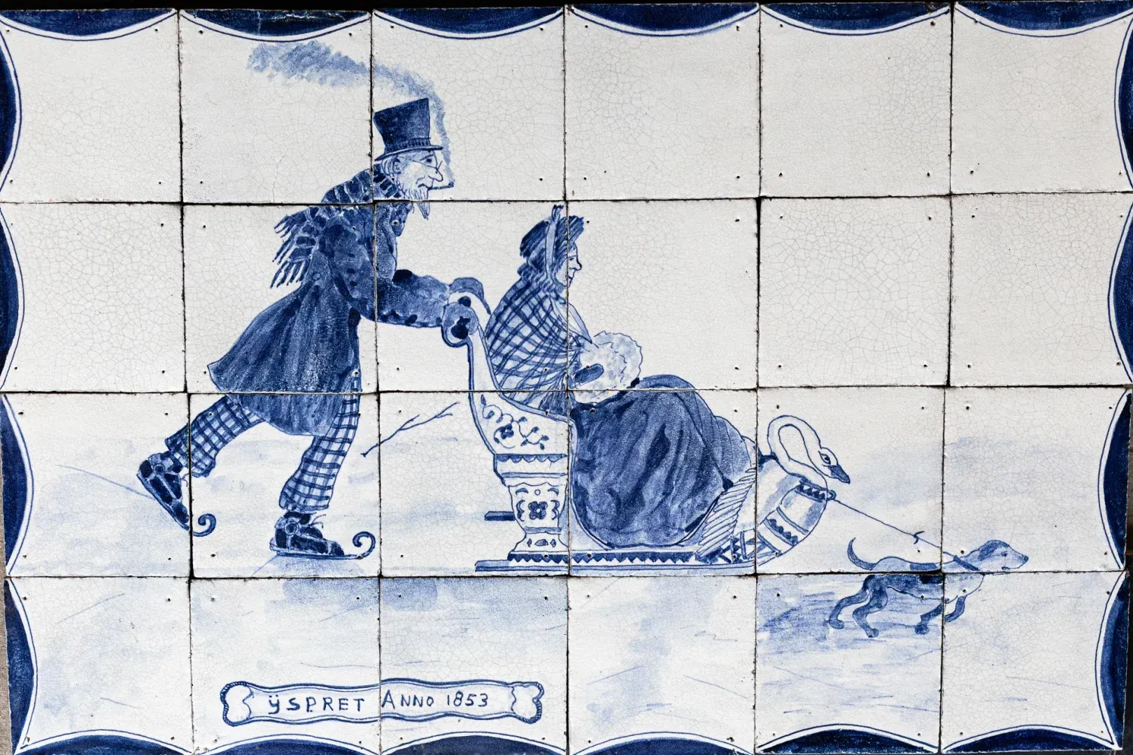 Panneau ancien bleu de Delft représentant les plaisirs de l'hiver, daté de 1853