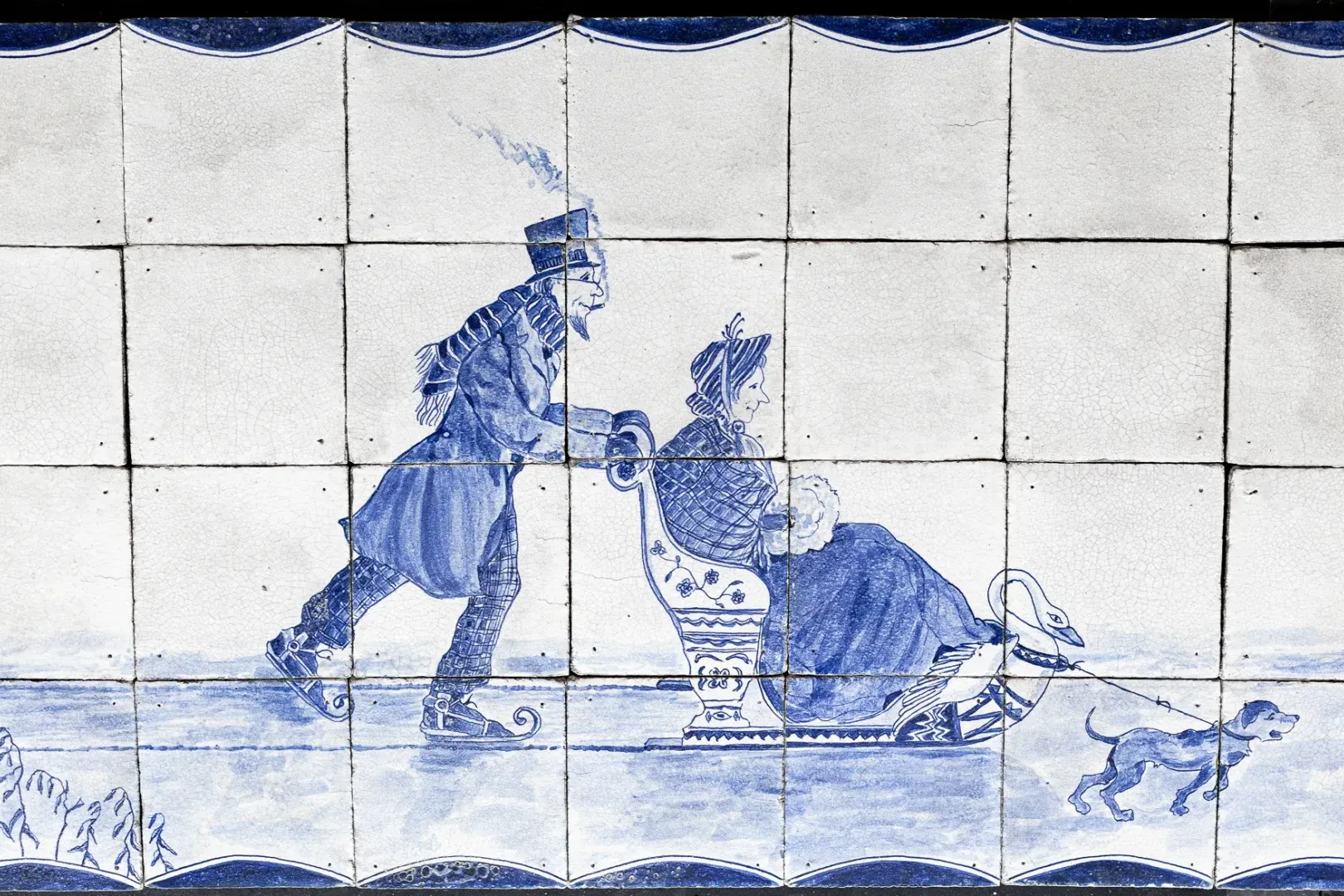 Carreaux anciens bleus de Delft avec marques de cuisson, assemblés en panneau