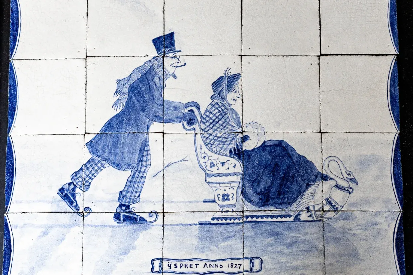 Panneau ancien bleu de Delft composé de 20 carreaux avec marques de cuisson