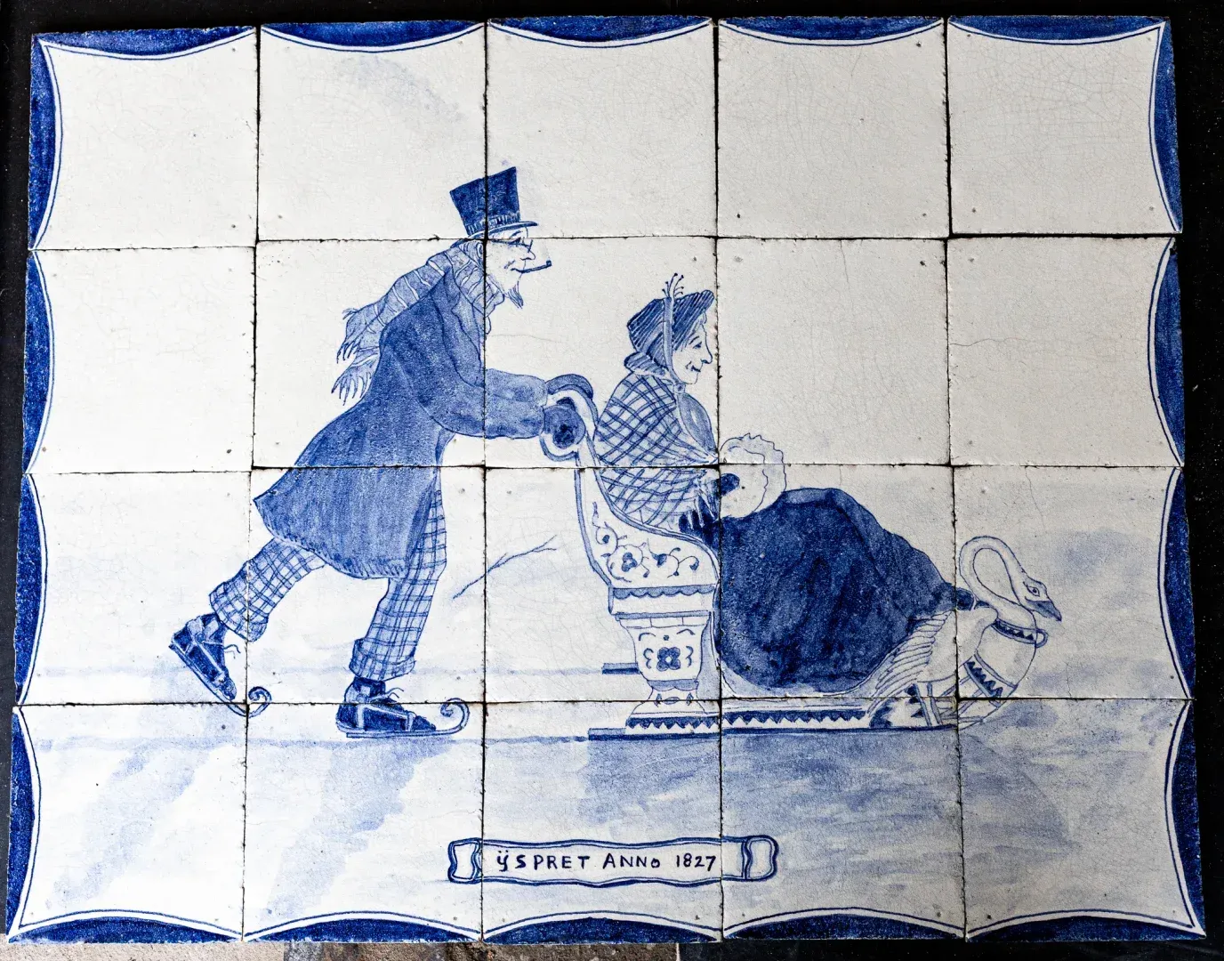 Panneau ancien bleu de Delft composé de 20 carreaux avec marques de cuisson