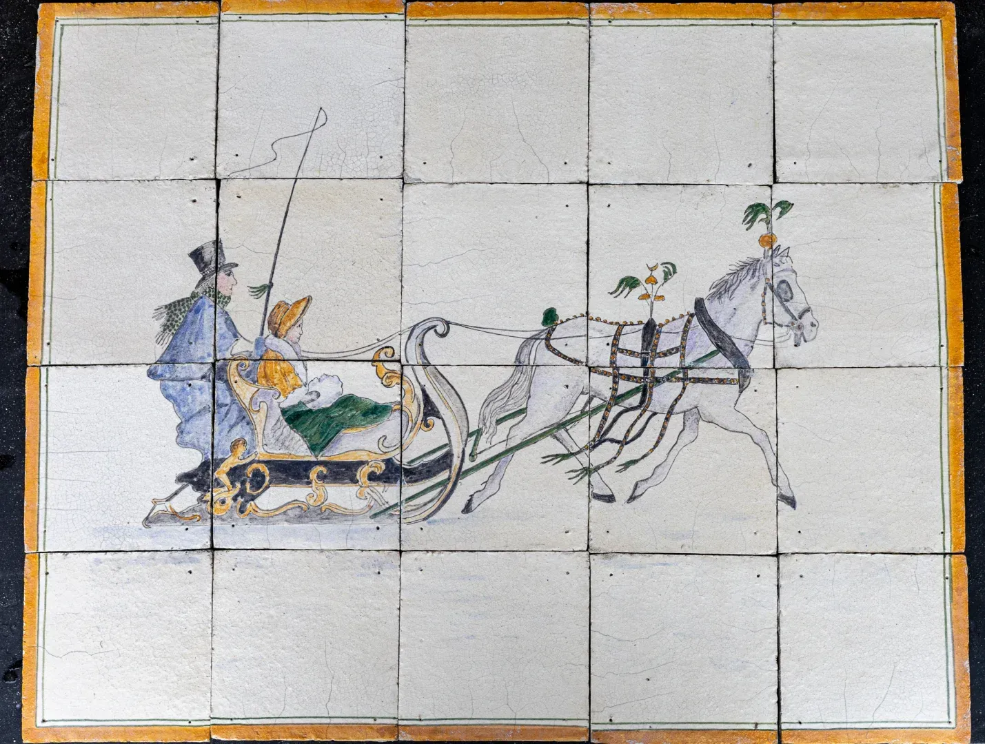 Panneau de carreaux ancien à bordure jaune et marques de cuisson