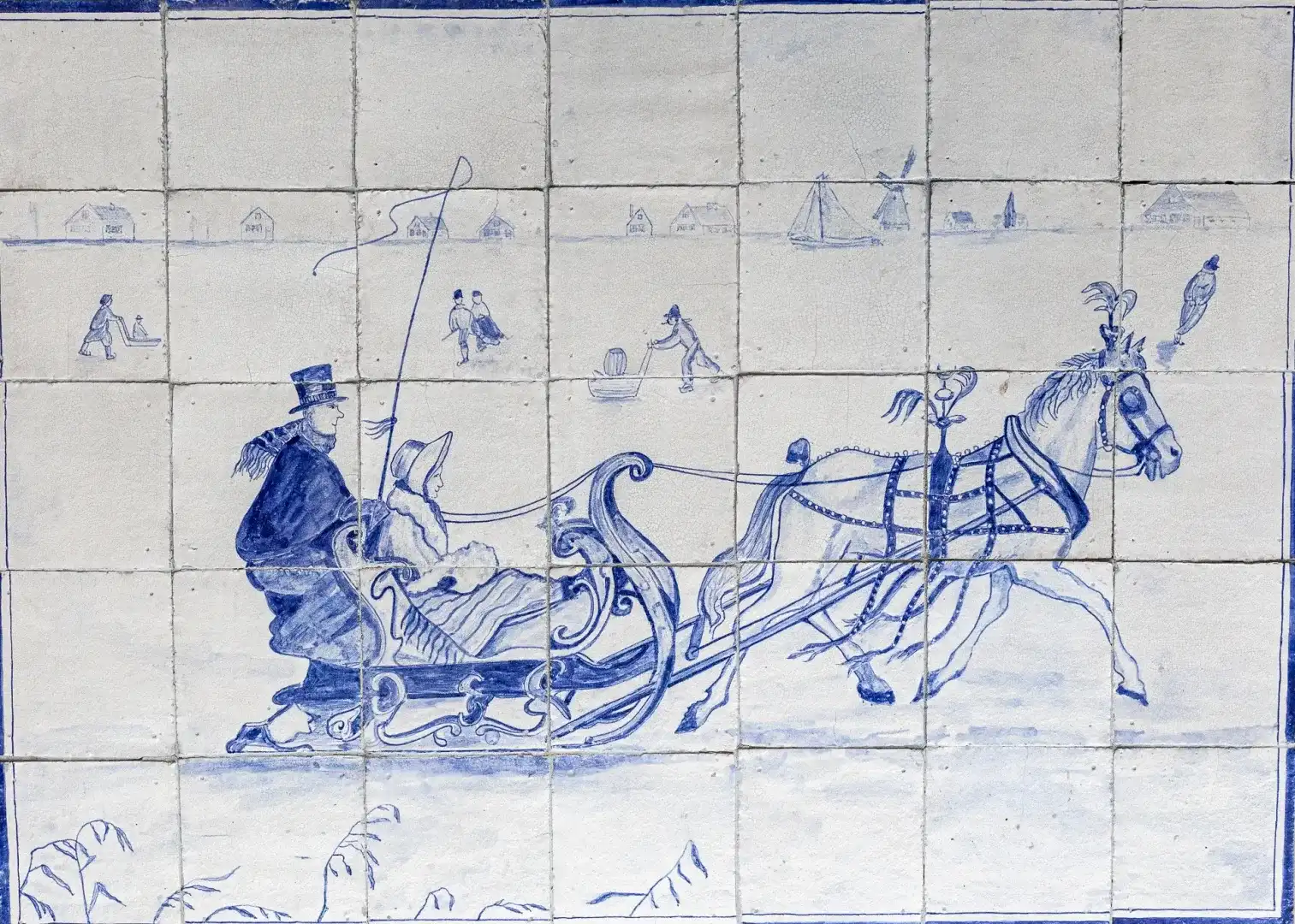Antiek Tegel Tableau Paard En Slede Delftsblauw 35 Tegels