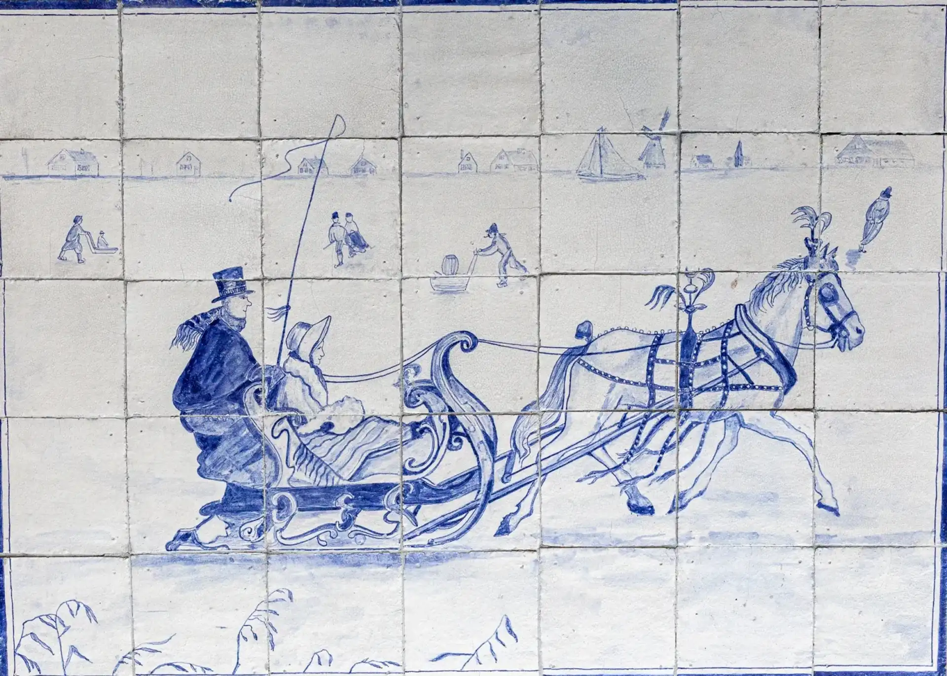 Antiek Tegel Tableau Paard En Slede Delftsblauw 35 Tegels