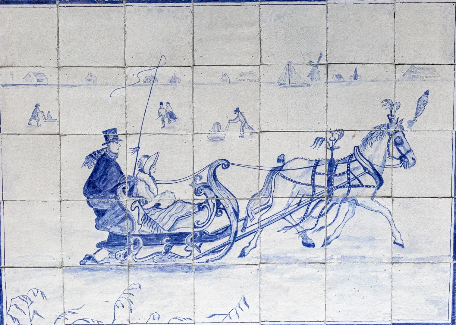 Antiek Tegel Tableau Paard En Slede Delftsblauw 35 Tegels