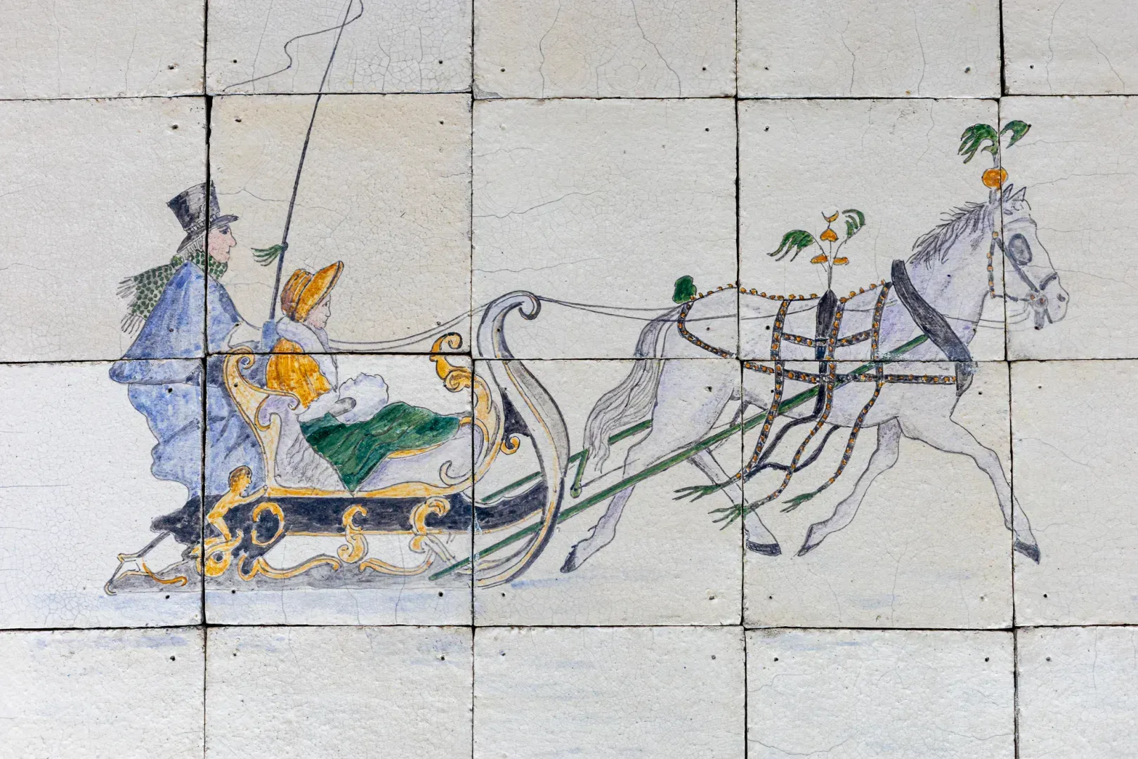 Antieke Tableau Schildering Met Paard En Wagen In Kleur