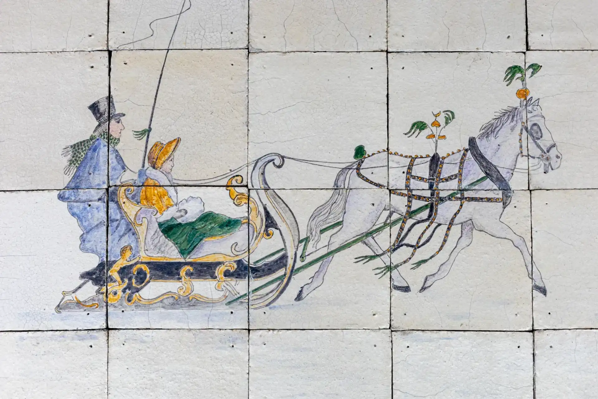 Antieke Tableau Schildering Met Paard En Wagen In Kleur