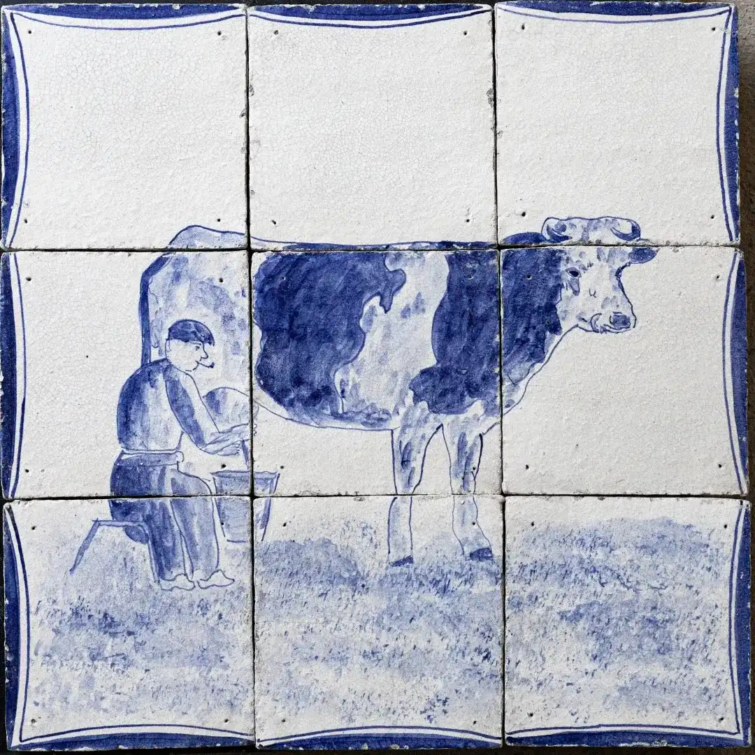 Oud Hollands Tableau Met Een Melkende Boer Zichtbaar