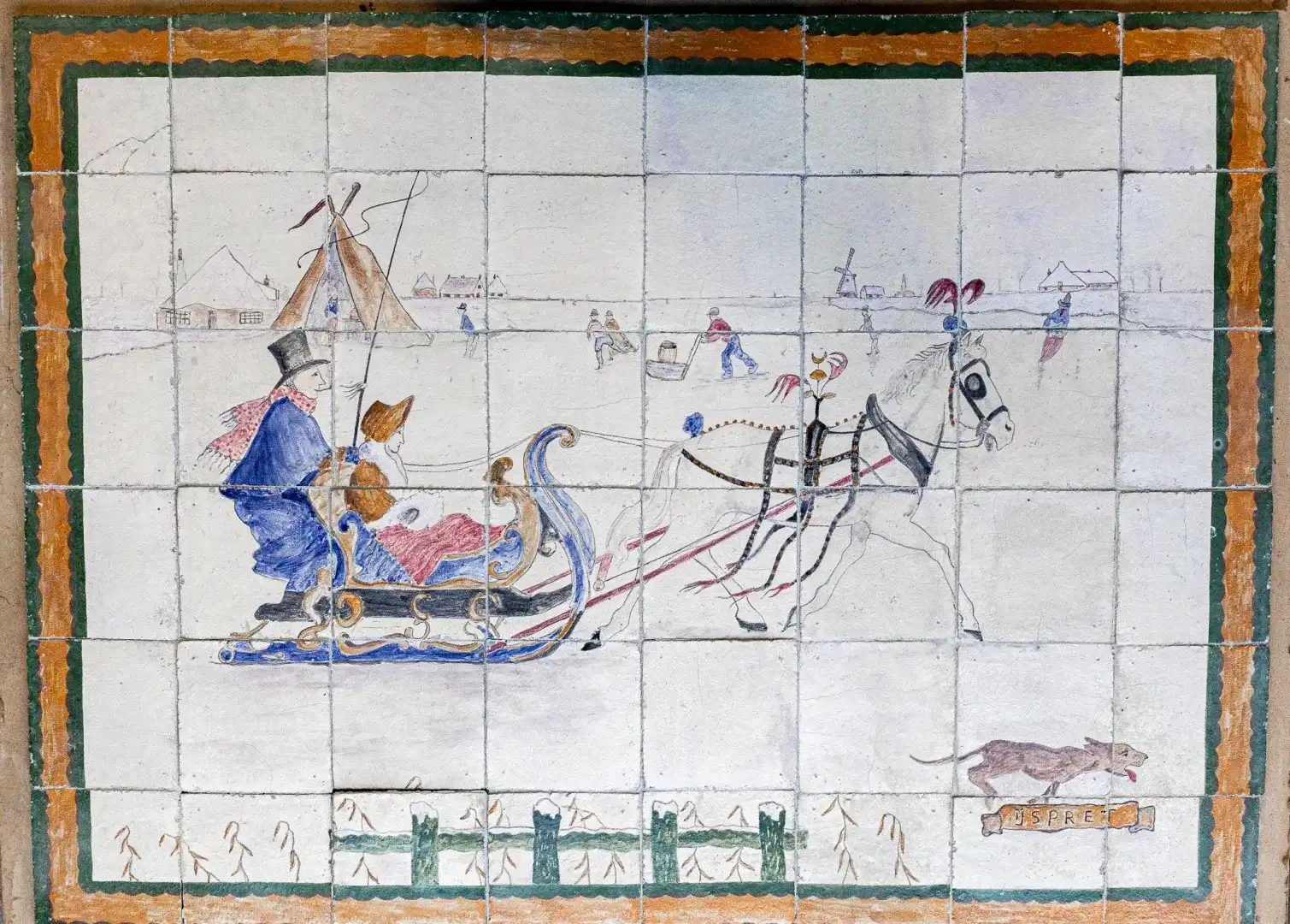 Paard Met Slede Antiek Tegel Tableau In Kleur