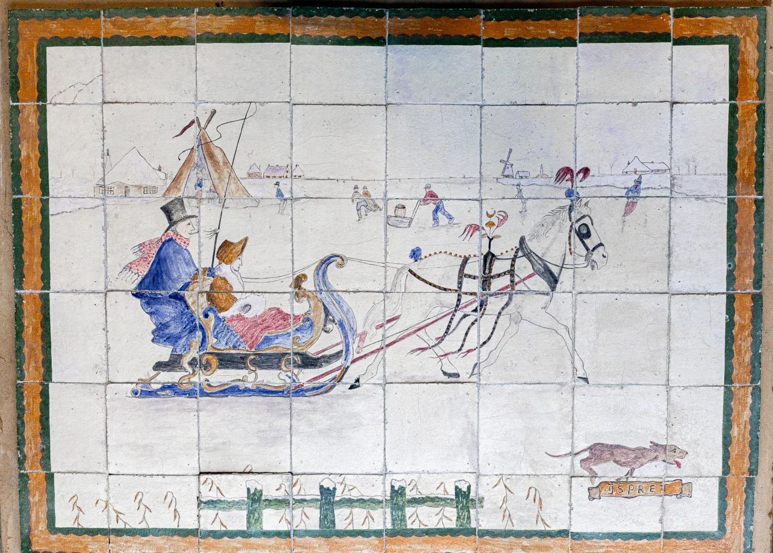Paard Met Slede Antiek Tegel Tableau In Kleur