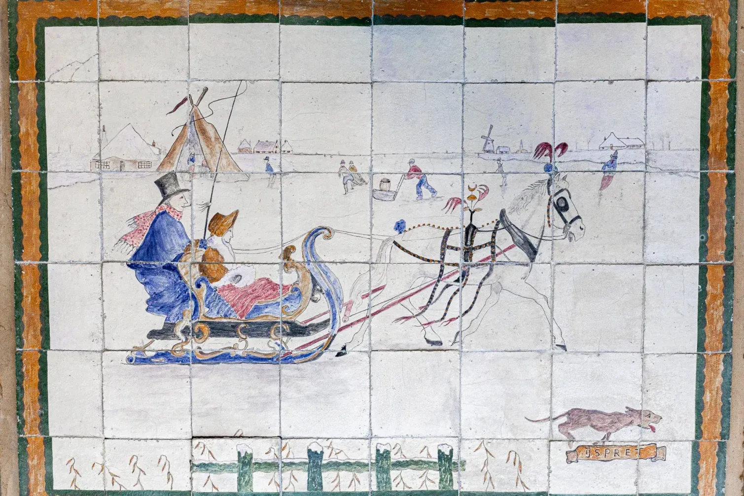 Panneau de carreaux ancien en couleur représentant un cheval et un traîneau
