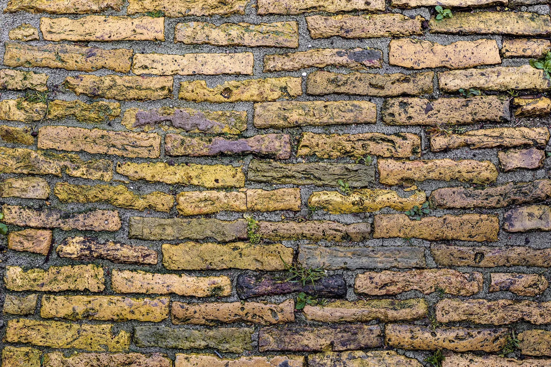 Old yellow brickwork with dark mortar joints
