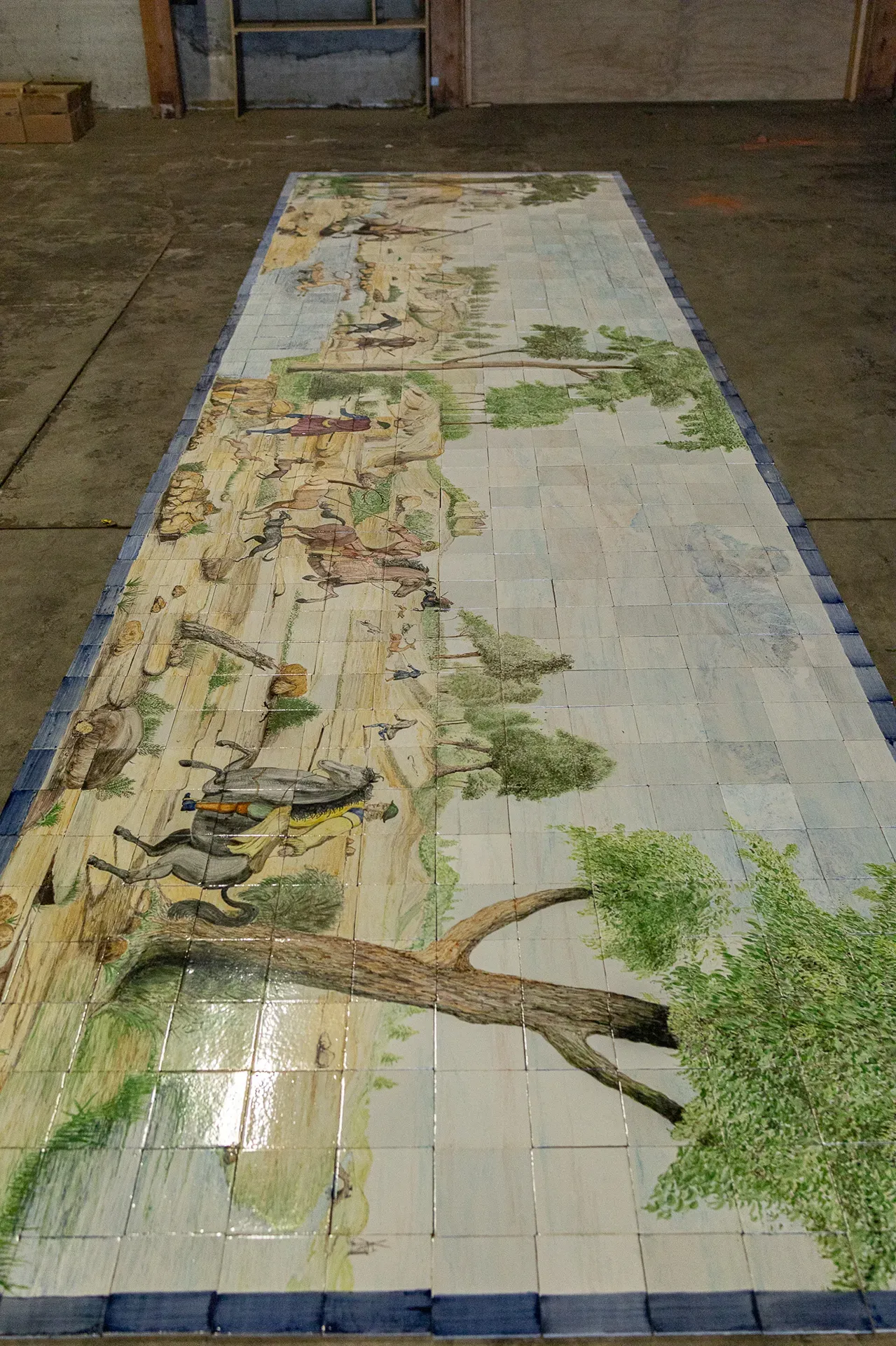 The Deer Hunt, very large historic tile panel