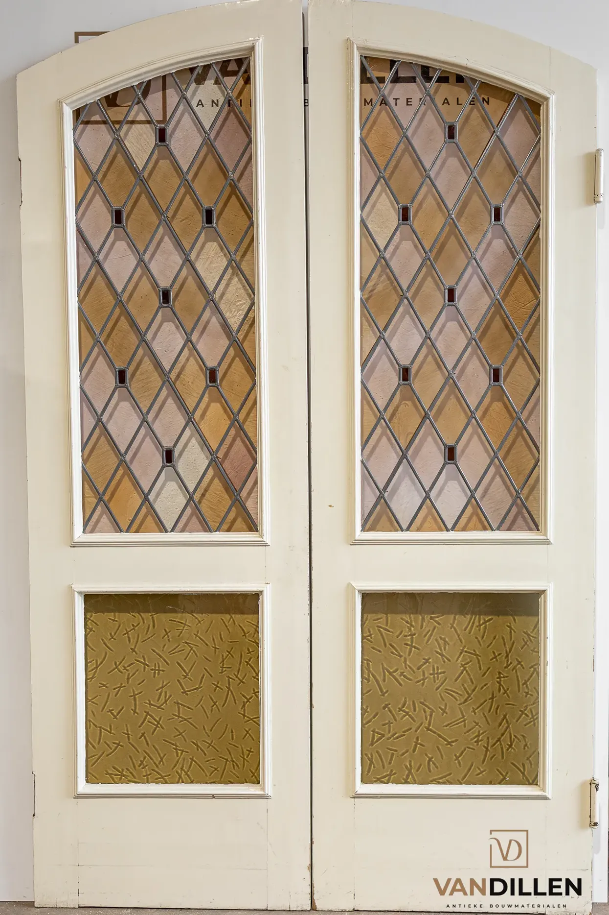 N° 101, portes de séparation intérieures de récupération avec vitrage en partie basse, provenant d'une maison de canal