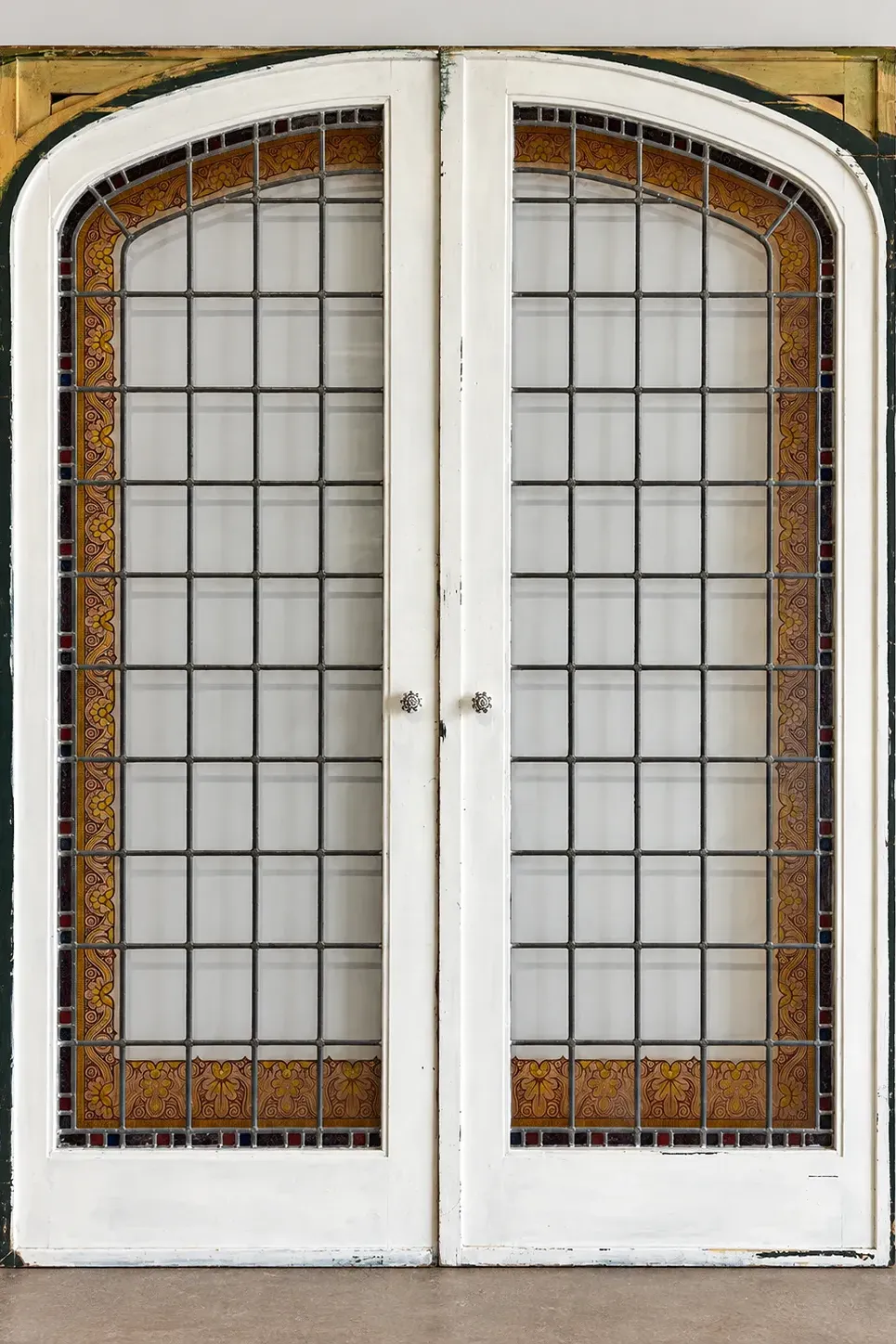 Nr 92; Antieke hoge ensuite deuren met glas in lood + brandschilder werk, 230.5 x 160
