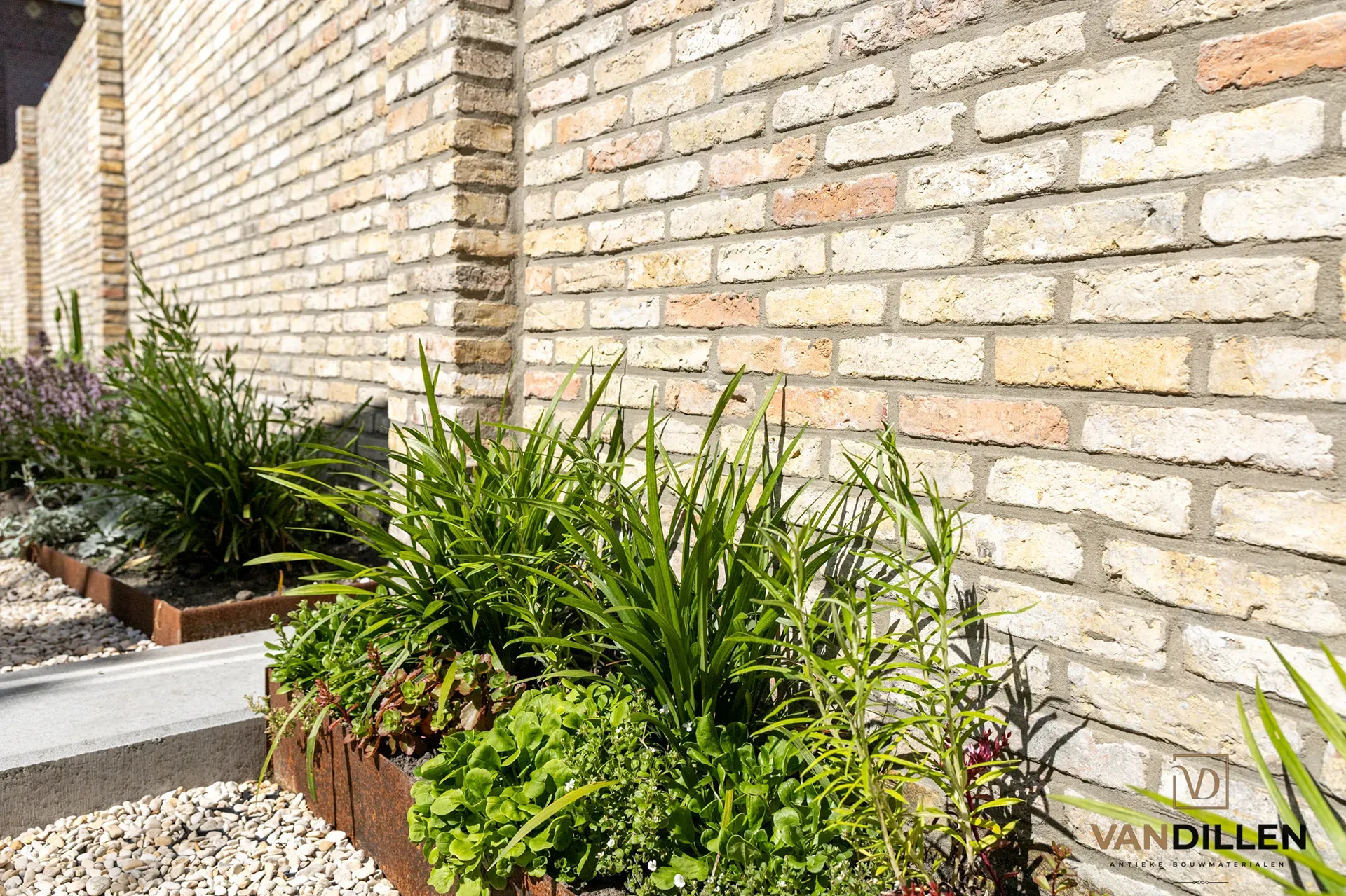Small-format old Frisian yellow bricks as a stylish garden wall in Friesland