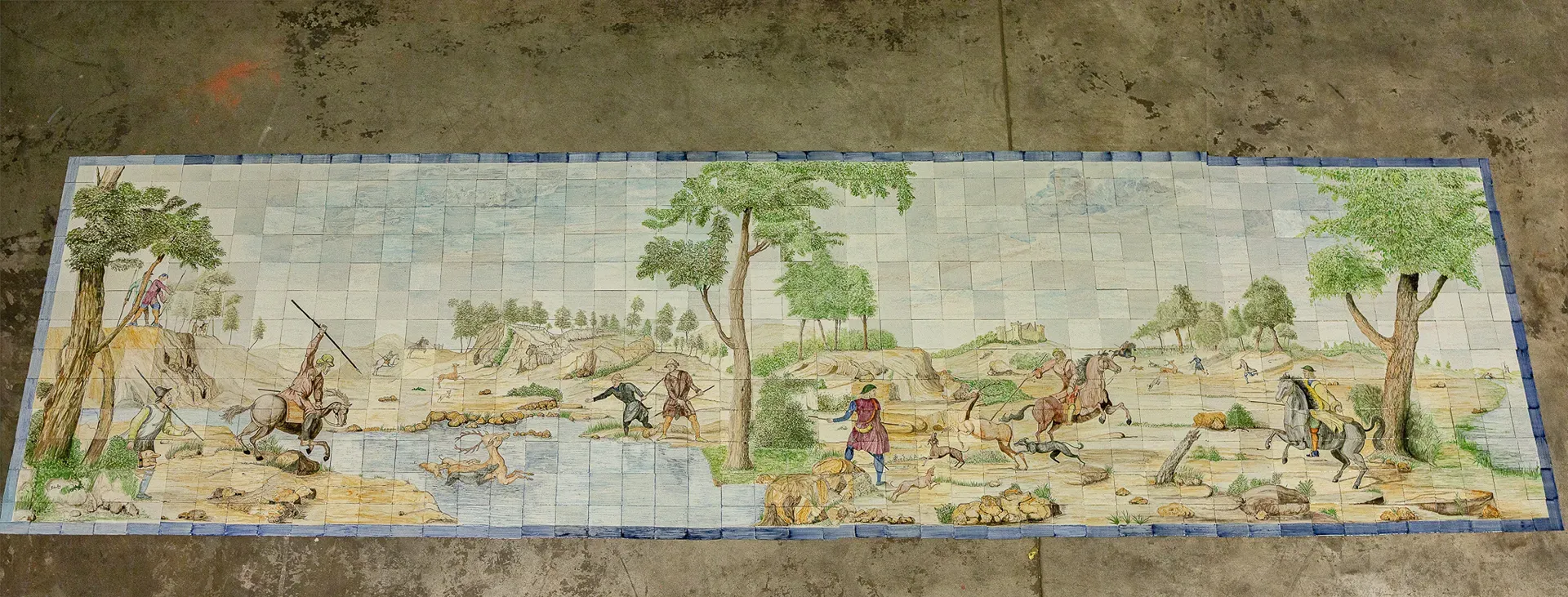 Unique, very large hand-painted tile panel